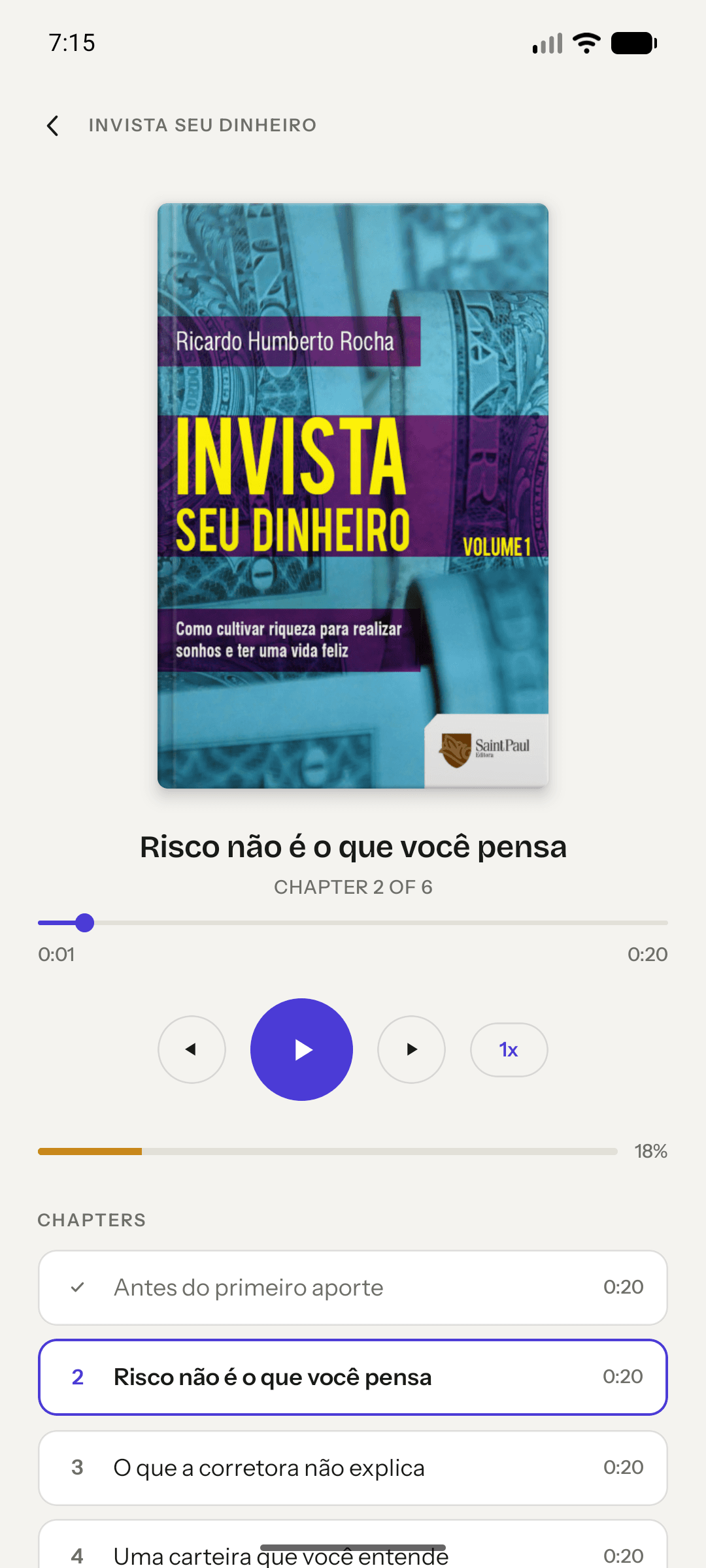 Detalhe de um livro no NextFin, com autor, capítulos e progresso