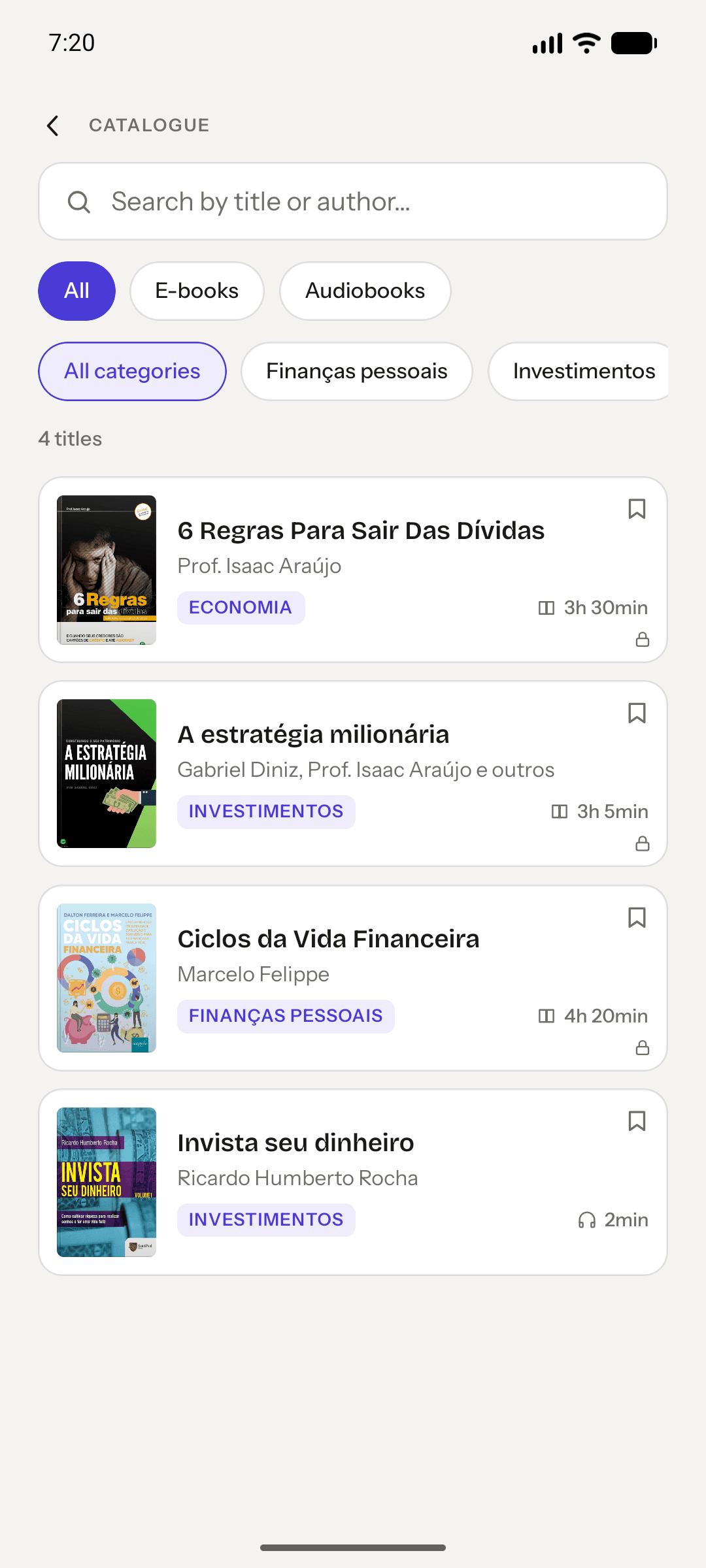 Catálogo de livros do NextFin com filtros por formato e categoria